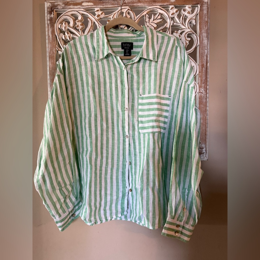 Nicole Miller Green and White Linen Shirt